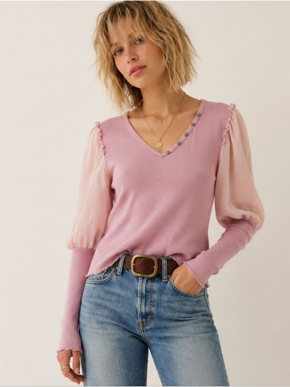 POL PINK "THE BETH" RIBBED KNIT BLOUSE PUFF STATEMENT SLEEVE TOP M